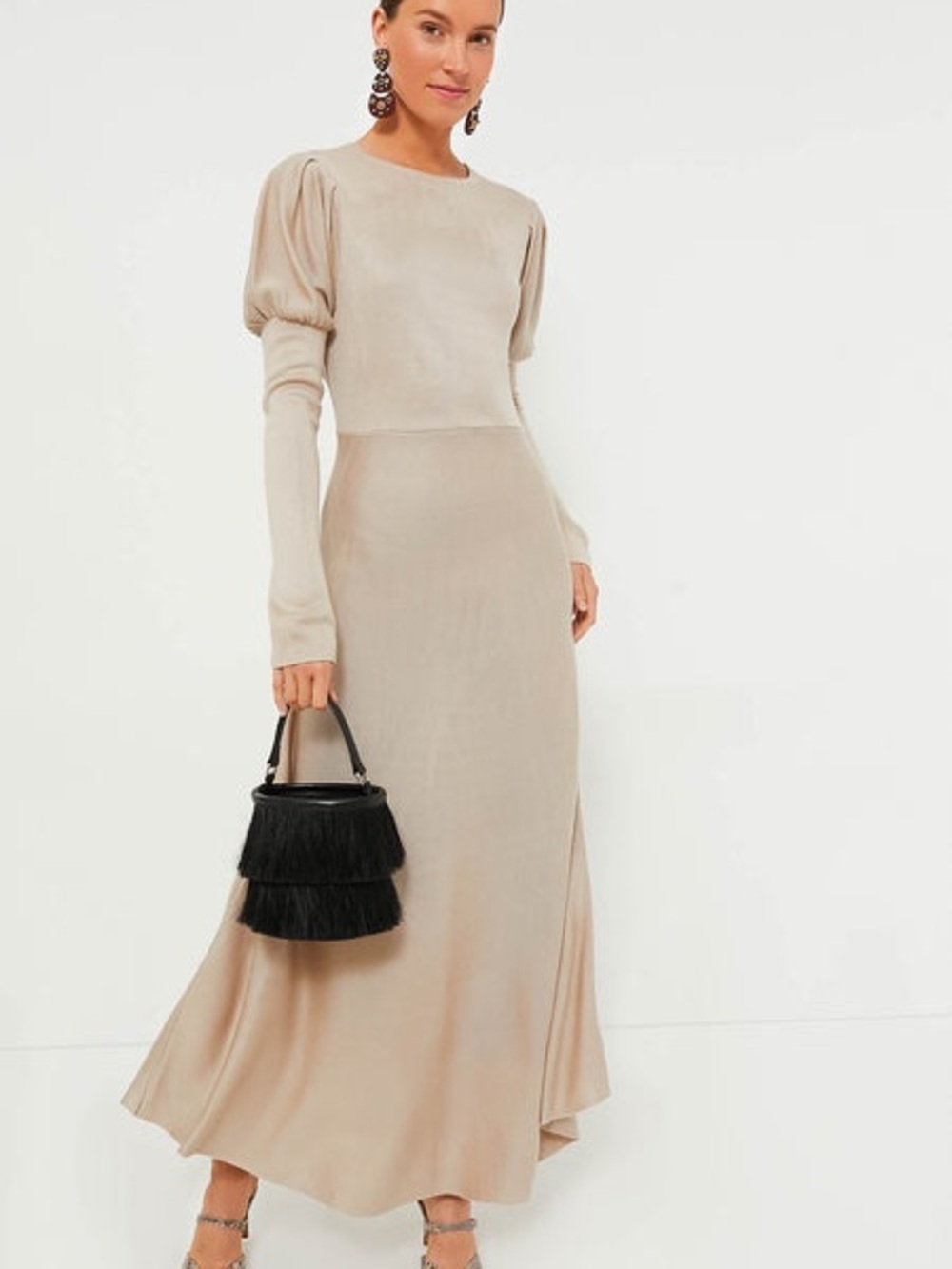 Pomander Place Beige Puff-Sleeve Maxi Dress